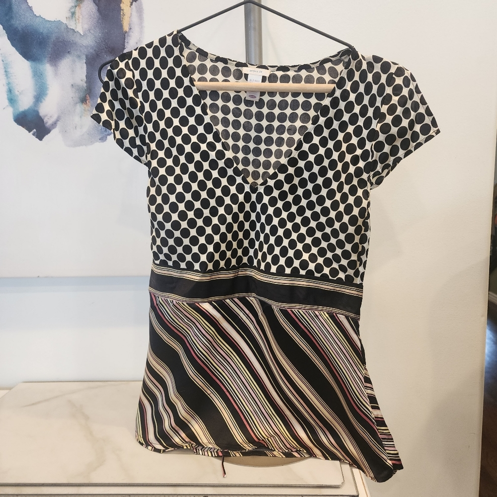[Old Navy]Y2K cutest multi mix stripes & pok a dot silky feel blouse w/waist tie - Picture 7 of 8